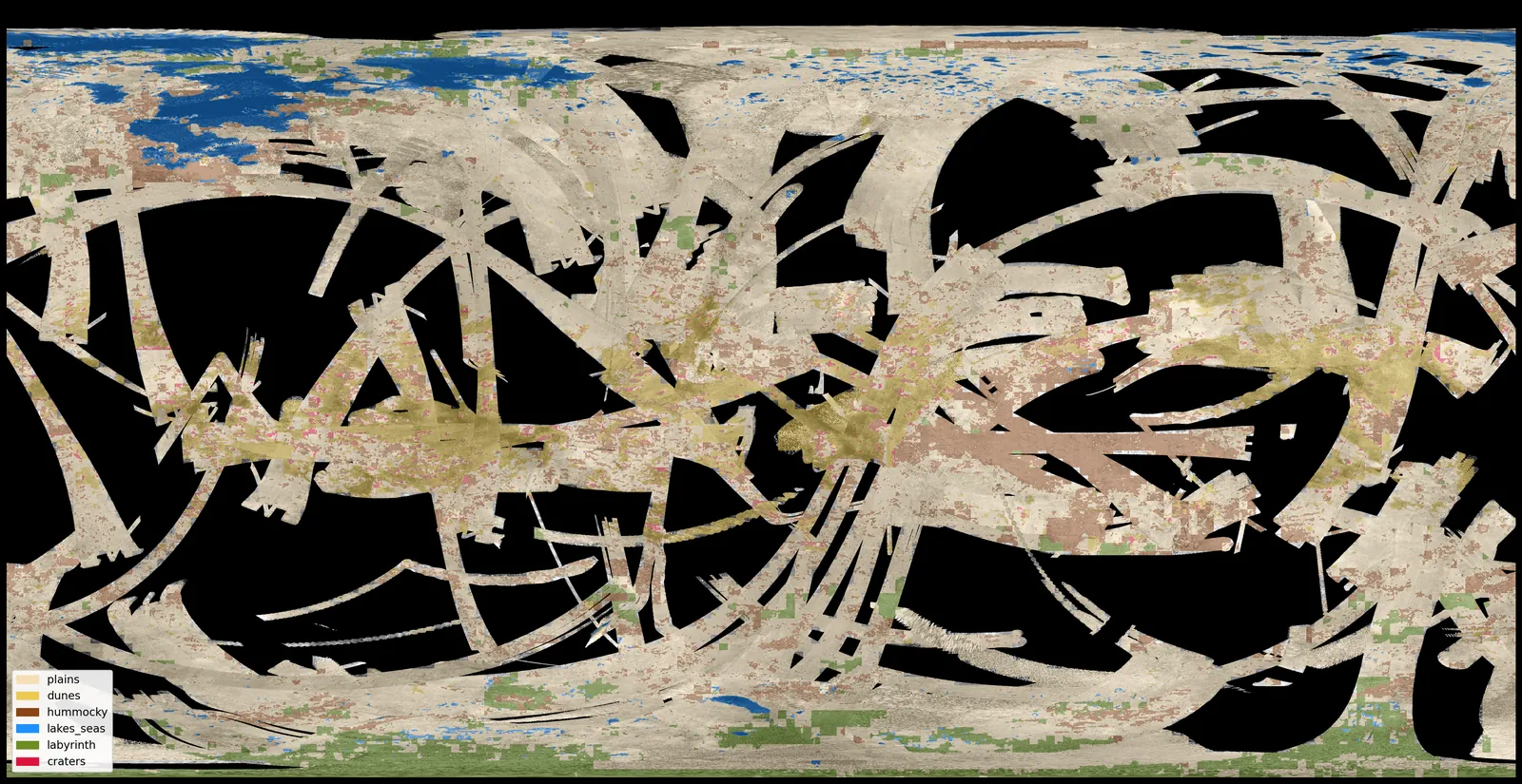 Predicted terrain classes over the Titan radar mosaic